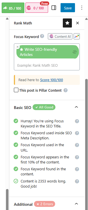 rankMath para apoyar artículos optimizados para SEO