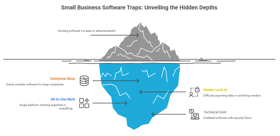Las trampas del software para pequeñas empresas representadas como un iceberg