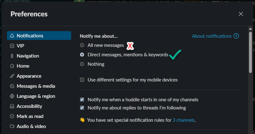 Preferencias de Slack para limitar las notificaciones