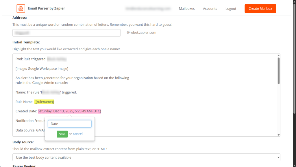 Analizador de correo electrónico de Zapier con datos convertidos en campos extraídos.