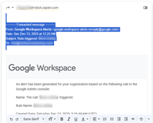 Alerta por correo electrónico de Google Workspace con información del encabezado que se va a eliminar