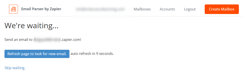 Analizador de correo electrónico de Zapier esperando correo electrónico