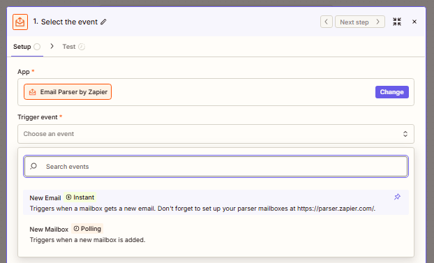 Analizador de correo electrónico como evento en Zapier