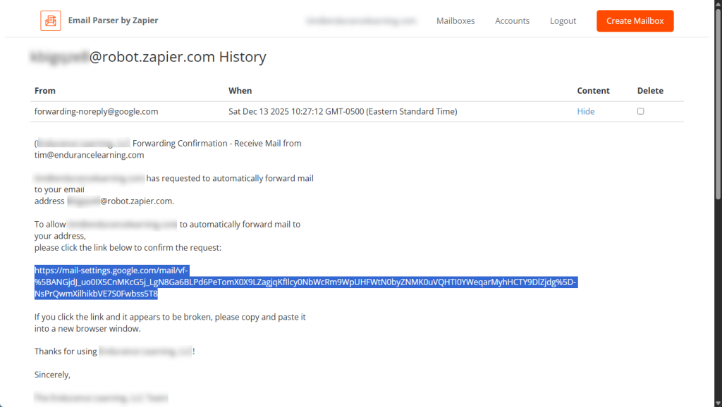 Confirmación por correo electrónico en Email Parser de Zapier