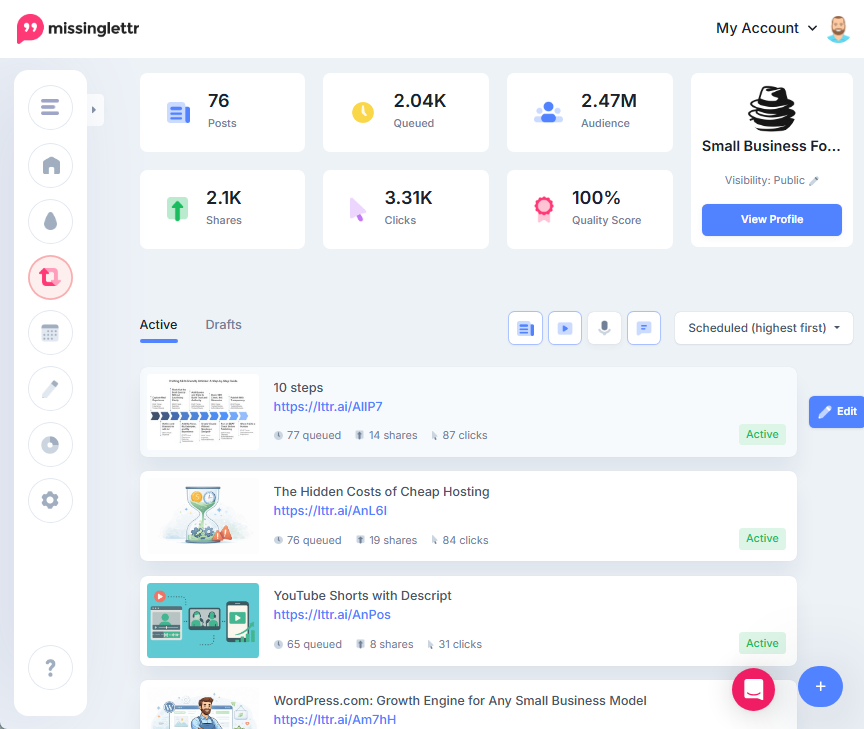 Programación de contenido de redes sociales de MissingLettr